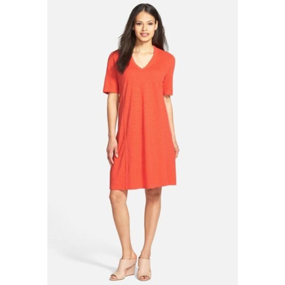 Eileen Fisher Orange Cotton Shirt Dress Size Large Organic Cotton Lightweight